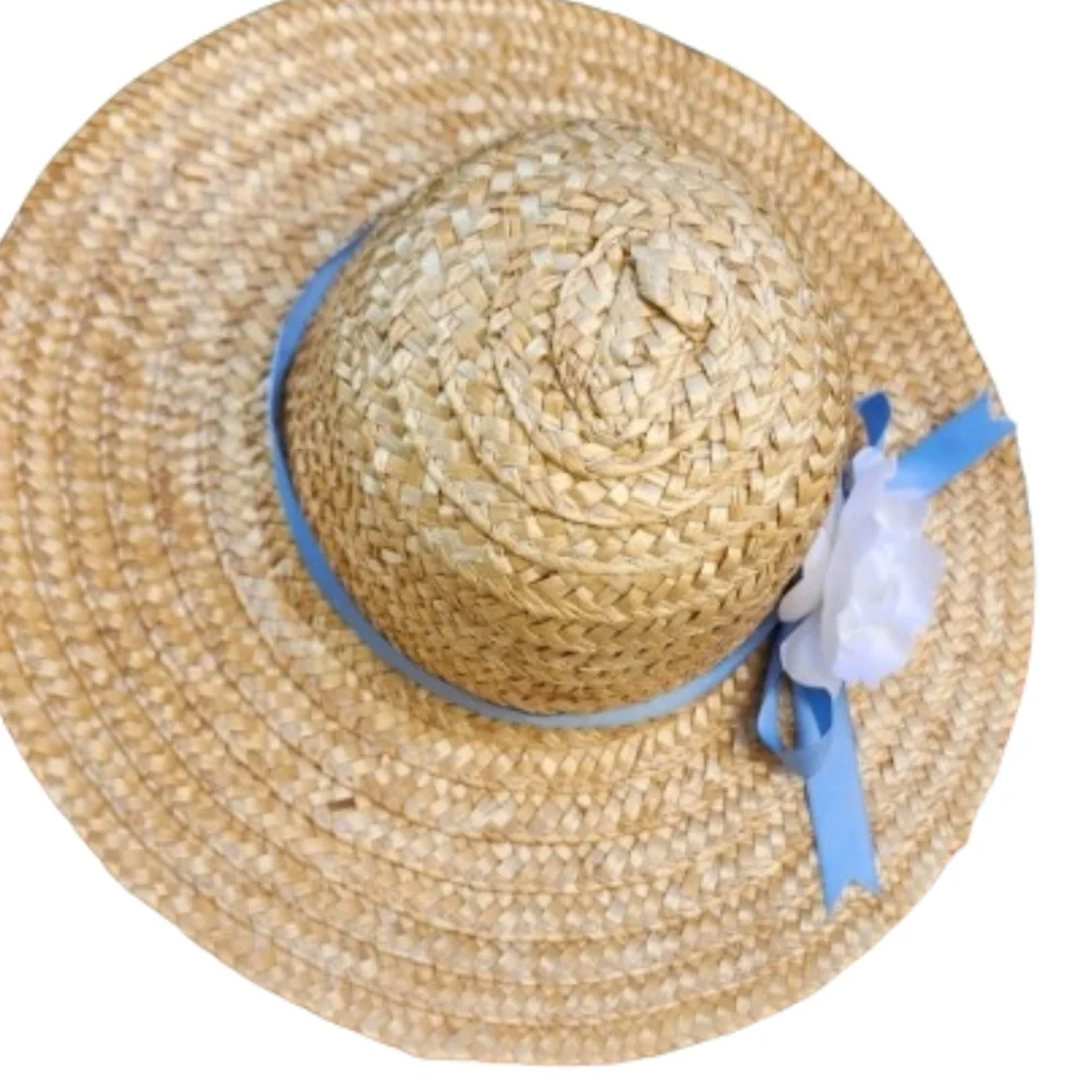 Vintage Straw Sun Hat Blue Ribbon Flower Wide Brim Beach Garden Party NWT - Picture 2 of 6